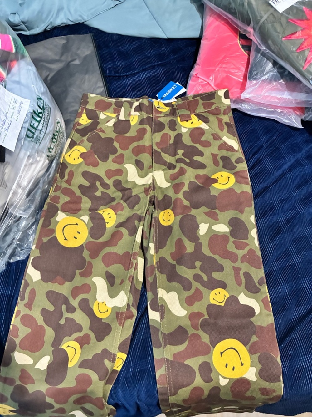 drew house Camouflage Relaxed Jeans with Yellow Smiley Print
